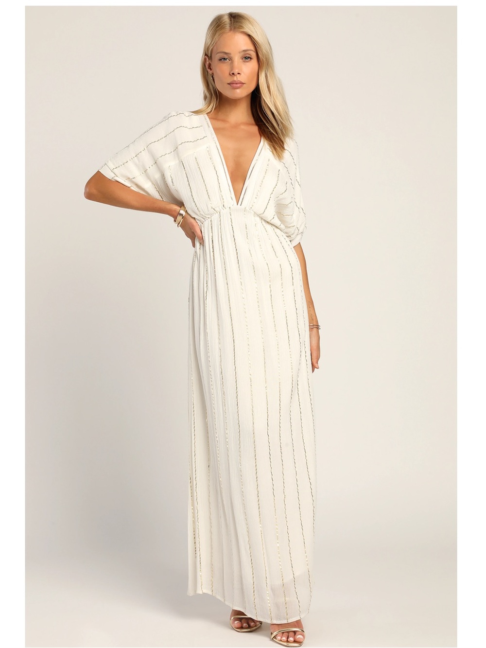Lulus Goddess Vibes Ivory Gold Stripe Dolman Sleeve Rayon Lightweight Maxi Dress
